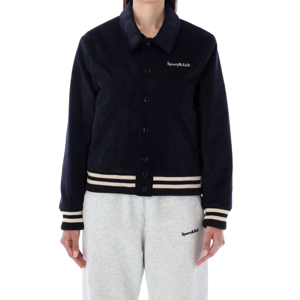 Sporty and rich navy corduroy varsity jacket